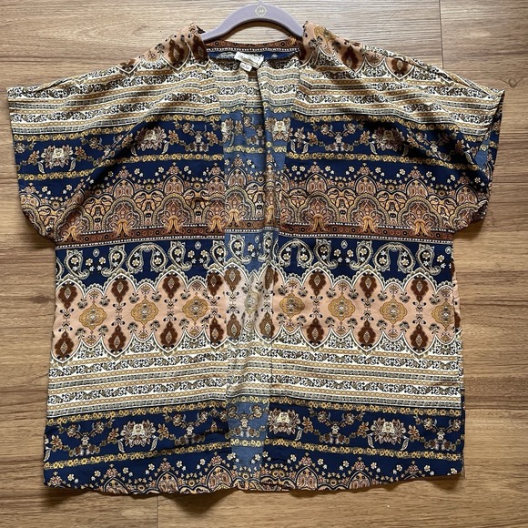 La Hearts Sweaters - LA Hearts Brown Blue Floral Paisley Women's Short Sleeve Open Cardigan OS Bolero